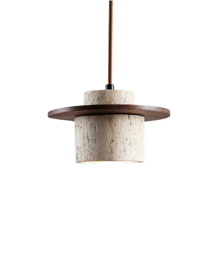 TravaroAtlas: Moderna lampada a sospensione in travertino naturale con dettaglio in legno di noce e luce LED bianco caldo – per sala da pranzo e soggiorno