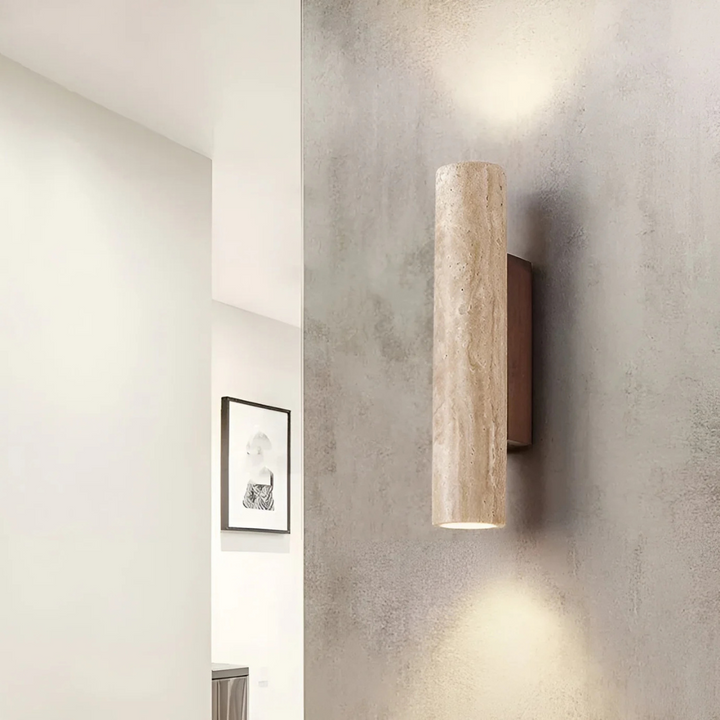 TravinoLux: Applique moderna cilindrica in marmo travertino e legno, LED 2 fiamme – per soggiorno e corridoio