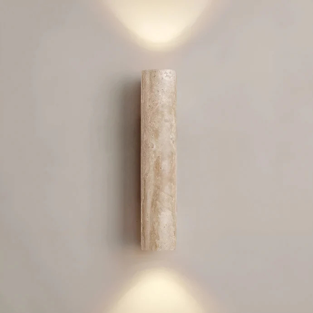 TravinoLux: Applique moderna cilindrica in marmo travertino e legno, LED 2 fiamme – per soggiorno e corridoio
