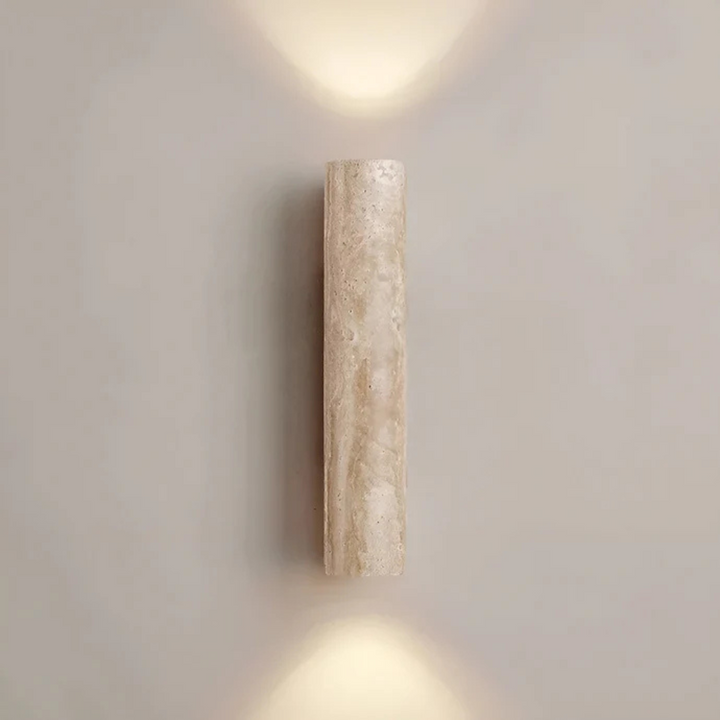 TravinoLux: Applique moderna cilindrica in marmo travertino e legno, LED 2 fiamme – per soggiorno e corridoio