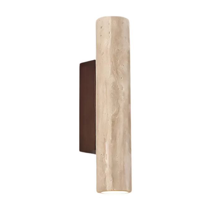 TravinoLux: Applique moderna cilindrica in marmo travertino e legno, LED 2 fiamme – per soggiorno e corridoio