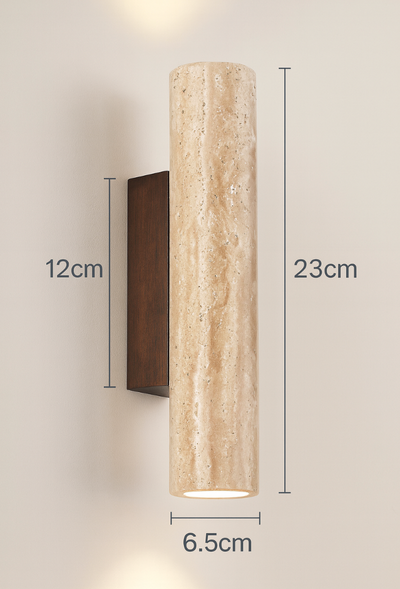 TravinoLux: Applique moderna cilindrica in marmo travertino e legno, LED 2 fiamme – per soggiorno e corridoio