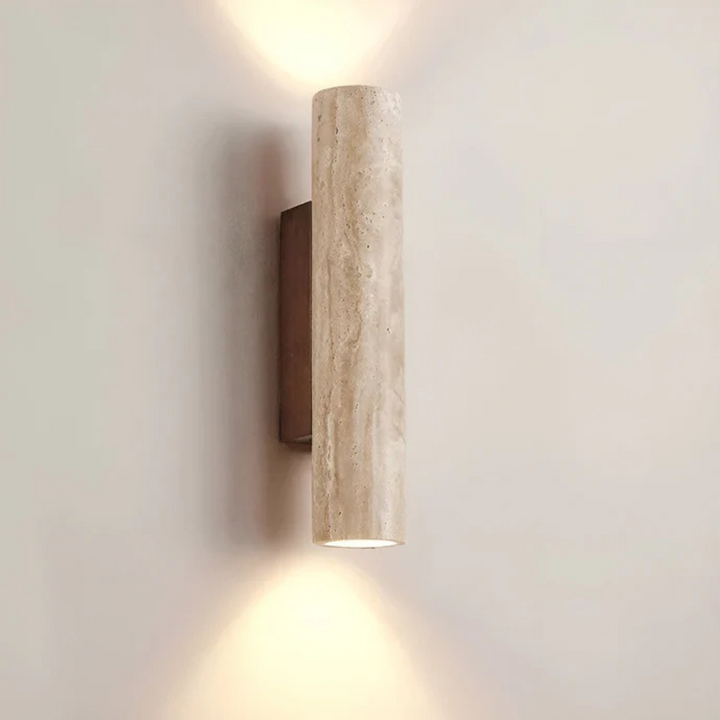 TravinoLux: Applique moderna cilindrica in marmo travertino e legno, LED 2 fiamme – per soggiorno e corridoio