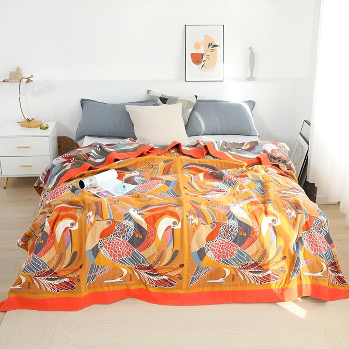 TropicaLoom: Coperta in cotone con motivo tropicale di tucano e texture leggera – per divano e camera da letto