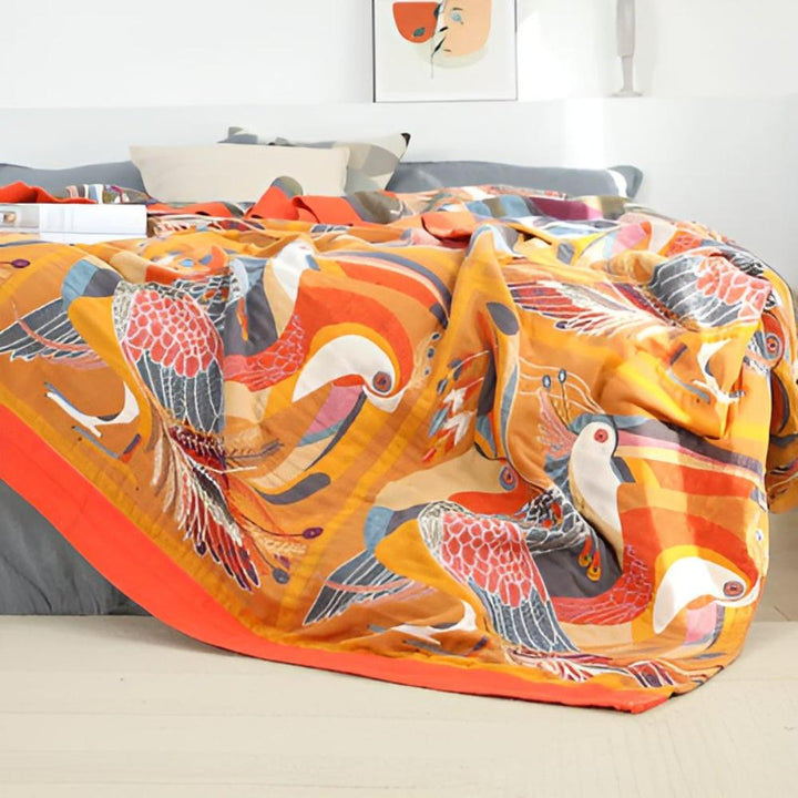 TropicaLoom: Coperta in cotone con motivo tropicale di tucano e texture leggera – per divano e camera da letto