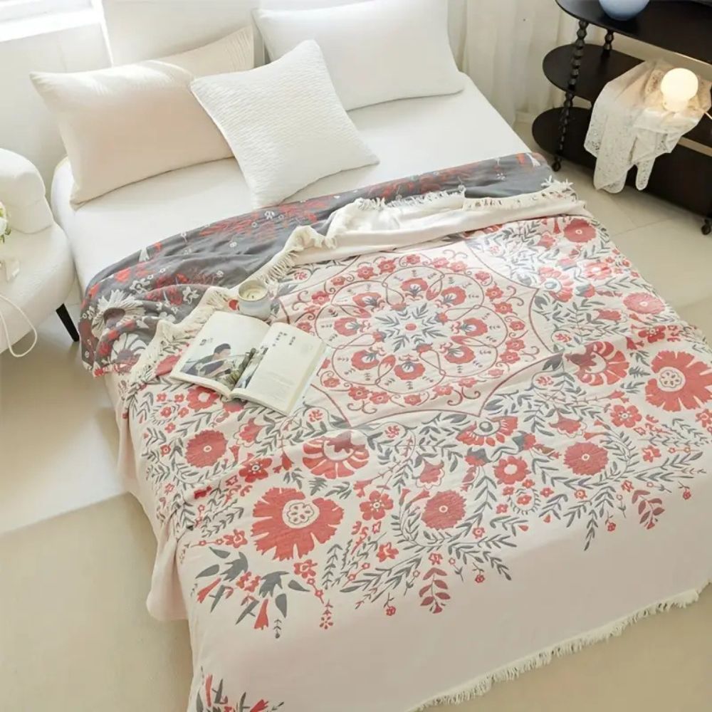 VersaillesBlühen: Coperta in cotone morbido con motivo jacquard floreale e utilizzo reversibile – per divano e camera da letto