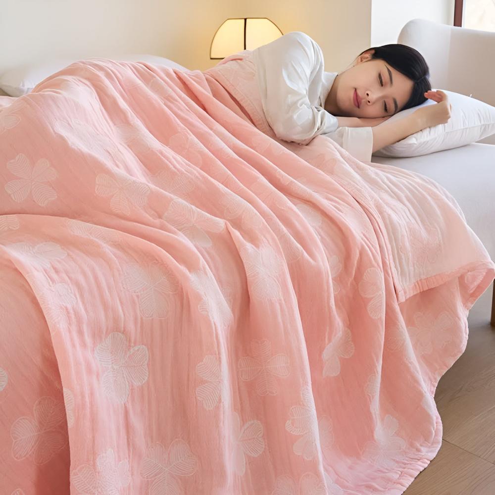 Quattro foglie di trifoglio: Coperta in cotone biologico con struttura a garza a 3 strati – per camera da letto e soggiorno