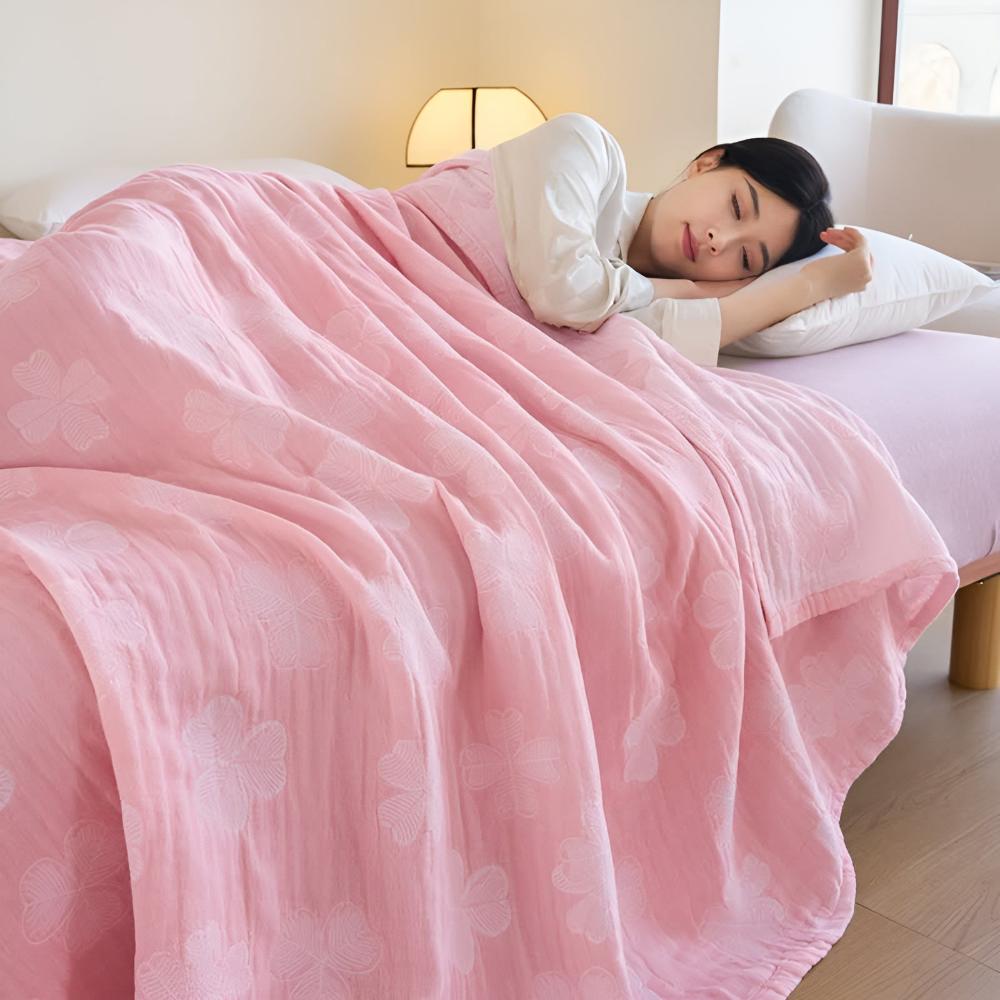 Quattro foglie di trifoglio: Coperta in cotone biologico con struttura a garza a 3 strati – per camera da letto e soggiorno