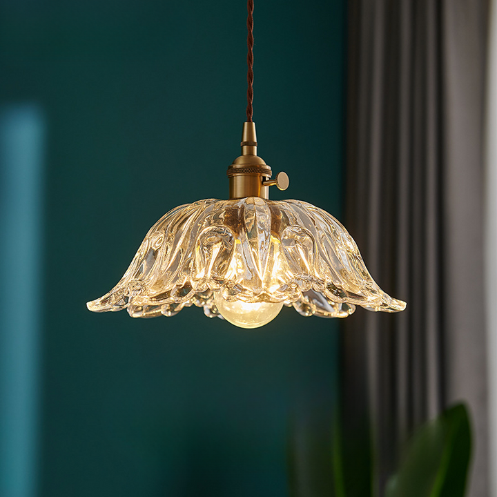 Virelys: Lampada a sospensione con struttura in vetro floreale e attacco E27-LED – per interni moderni