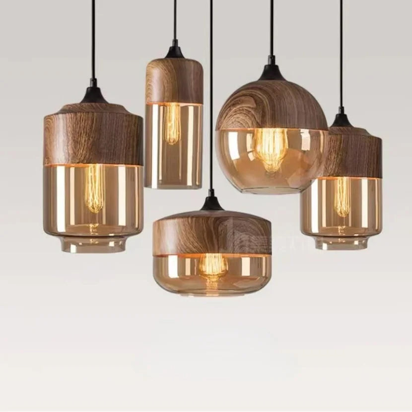 VitraGlow: Lampada a sospensione in vetro e legno – Design elegante per soggiorno e sala da pranzo