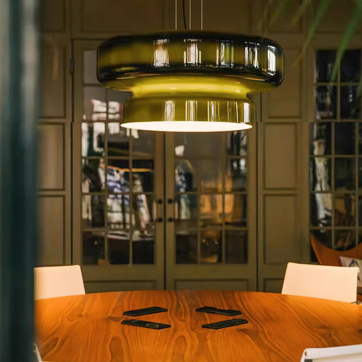 VitraGlow: Lampada a sospensione in vetro dal design moderno – Lampada a due livelli per soggiorno e sala da pranzo