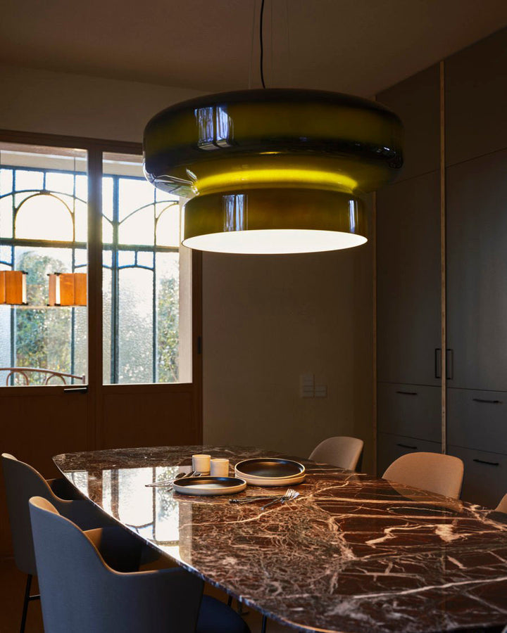 VitraGlow: Lampada a sospensione in vetro dal design moderno – Lampada a due livelli per soggiorno e sala da pranzo