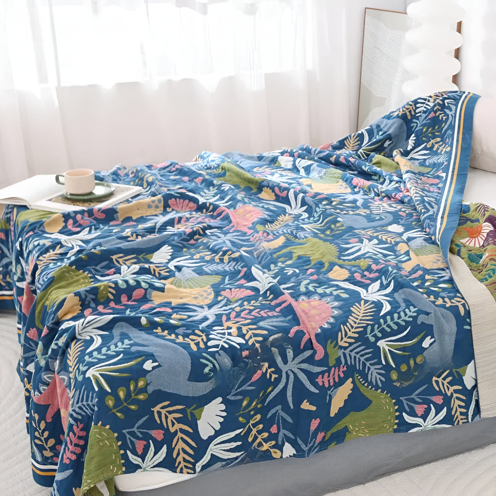 Waldrex: Coperte in cotone con stampa di dinosauri e bosco in cotone leggero – per camerette e soggiorni