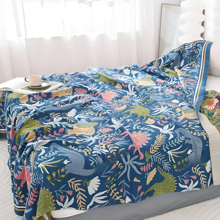 Waldrex: Coperte in cotone con stampa di dinosauri e bosco in cotone leggero – per camerette e soggiorni