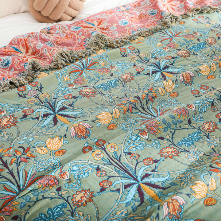 WildBlütenblatt: Coperta in cotone reversibile con motivo floreale Jacquard e bordo con frange – per divano e camera da letto