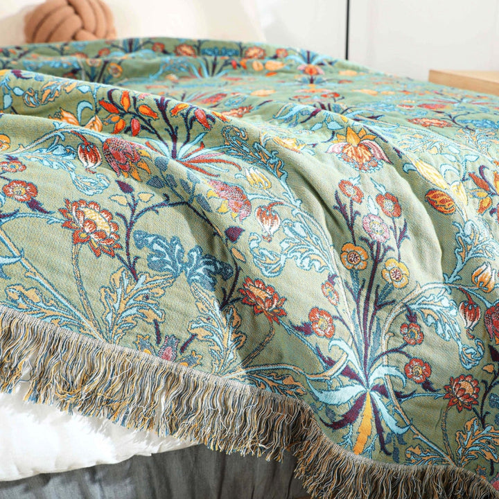 WildBlütenblatt: Coperta in cotone reversibile con motivo floreale Jacquard e bordo con frange – per divano e camera da letto