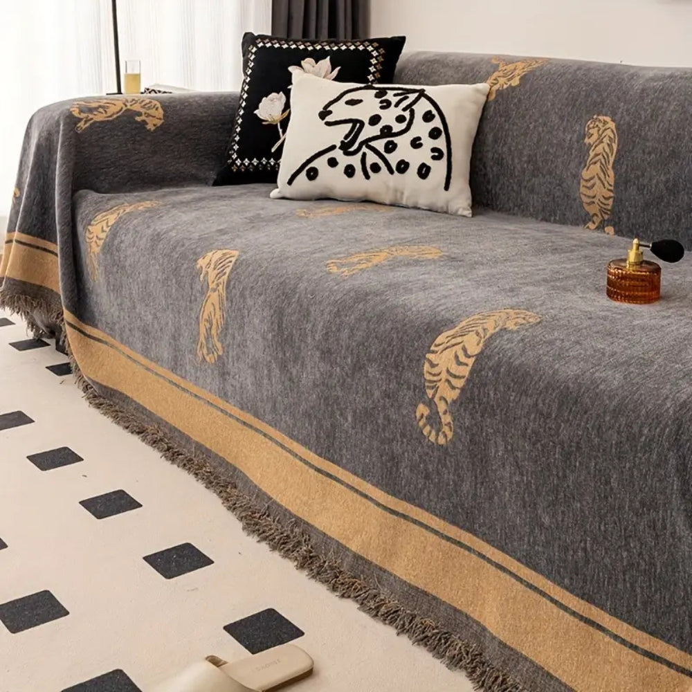 WildLuxe: Copridivano in Chenille con Motivo Tigre – Copertura Elegante per Divano per Soggiorno e Camera da Letto