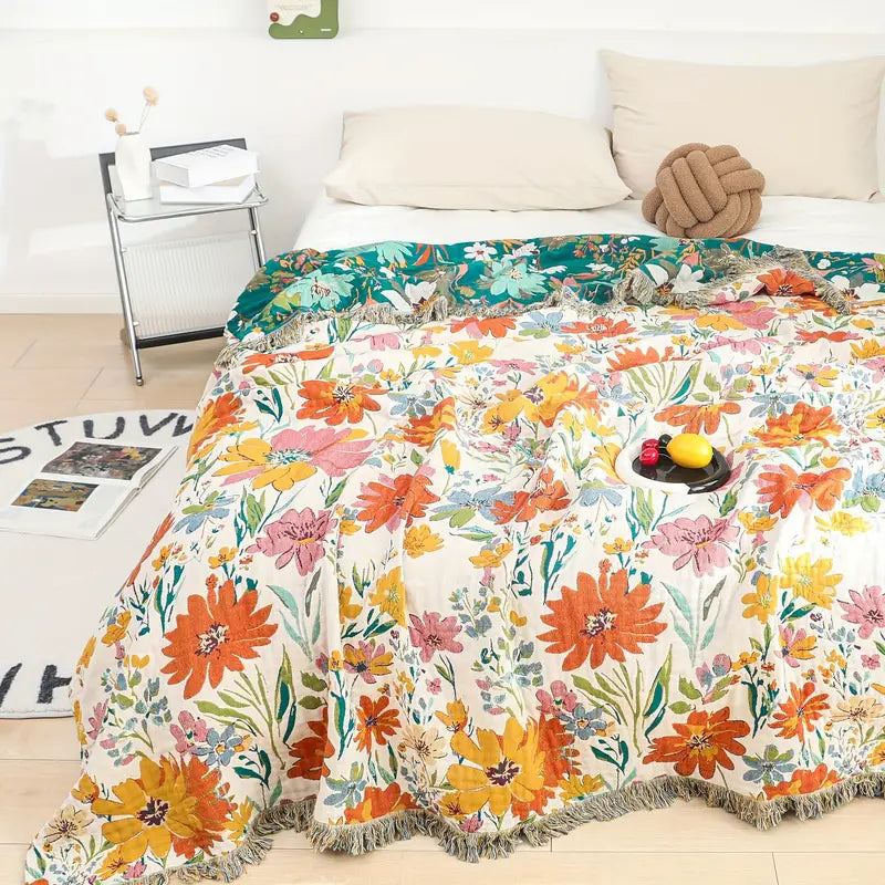Wildblüte: Coperta in cotone con motivo floreale Jacquard e qualità traspirante – per letto e soggiorno