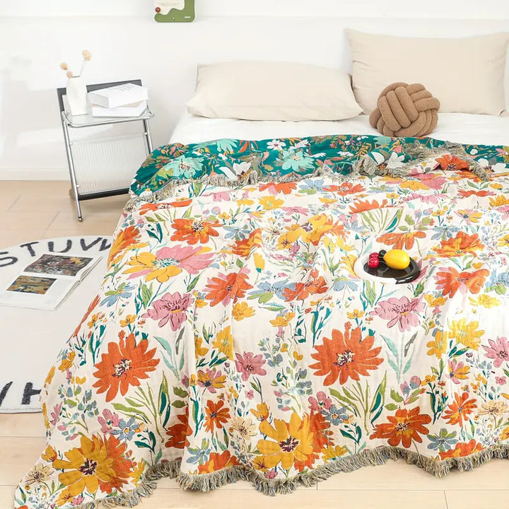 Wildblüte: Coperta in cotone con motivo floreale Jacquard e qualità traspirante – per letto e soggiorno