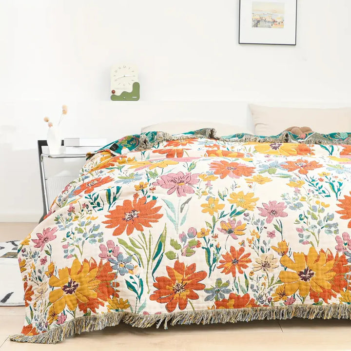 Wildblüte: Coperta in cotone con motivo floreale Jacquard e qualità traspirante – per letto e soggiorno