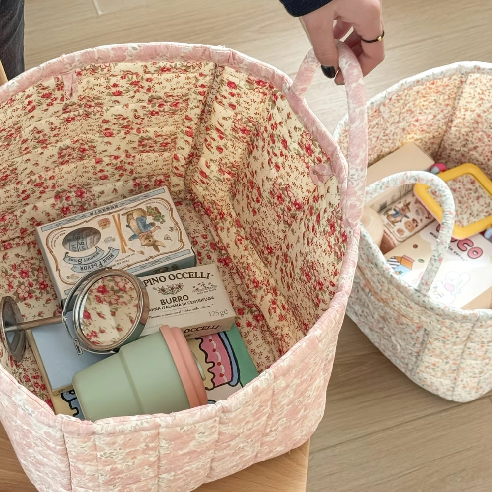 WohnBlüte: Cesto portaoggetti in design trapuntato floreale – decorativo, pieghevole e pratico per bucato e giocattoli
