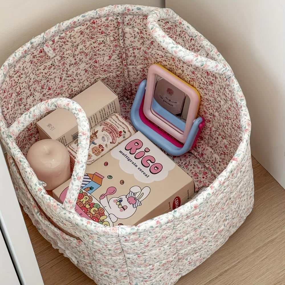 WohnBlüte: Cesto portaoggetti in design trapuntato floreale – decorativo, pieghevole e pratico per bucato e giocattoli