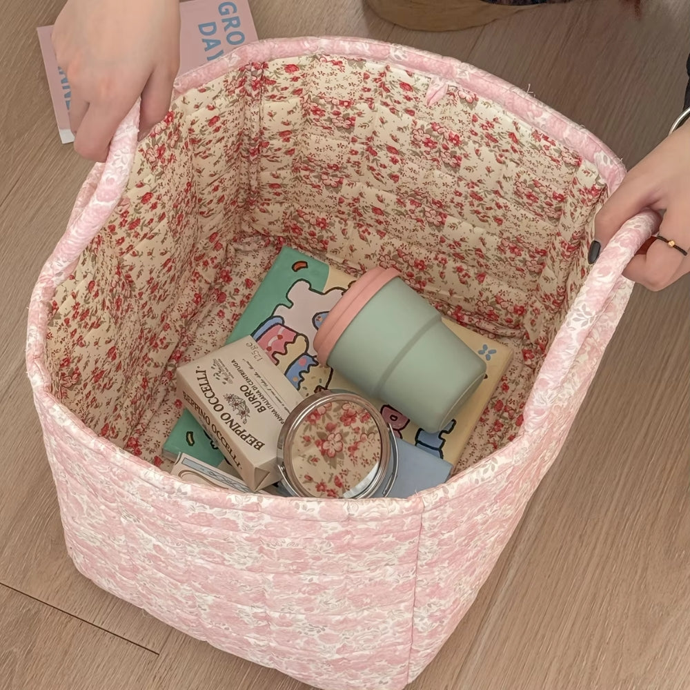 WohnBlüte: Cesto portaoggetti in design trapuntato floreale – decorativo, pieghevole e pratico per bucato e giocattoli