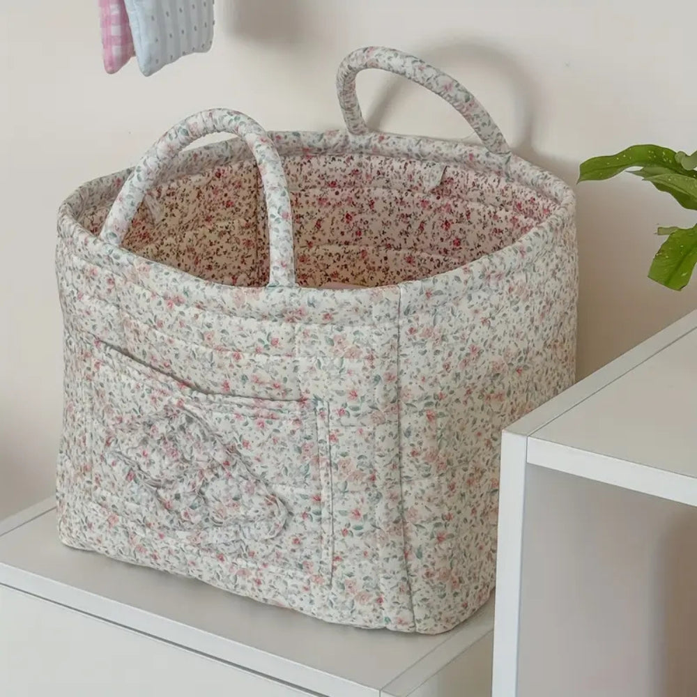 WohnBlüte: Cesto portaoggetti in design trapuntato floreale – decorativo, pieghevole e pratico per bucato e giocattoli