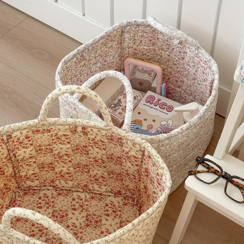 WohnBlüte: Cesto portaoggetti in design trapuntato floreale – decorativo, pieghevole e pratico per bucato e giocattoli