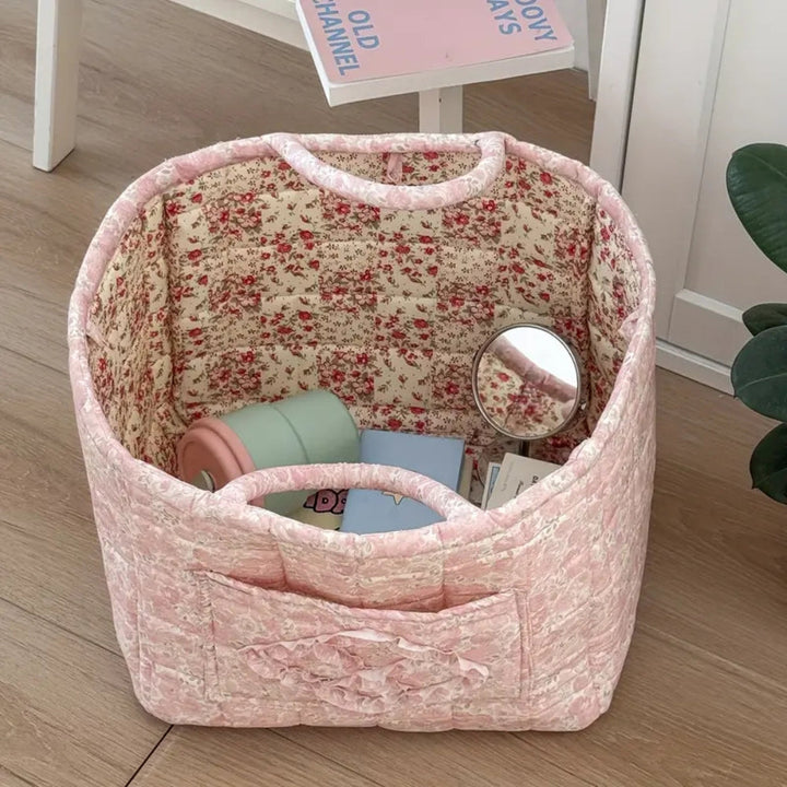 WohnBlüte: Cesto portaoggetti in design trapuntato floreale – decorativo, pieghevole e pratico per bucato e giocattoli
