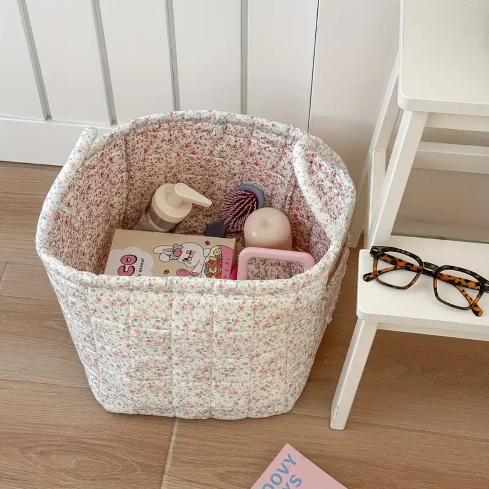 WohnBlüte: Cesto portaoggetti in design trapuntato floreale – decorativo, pieghevole e pratico per bucato e giocattoli