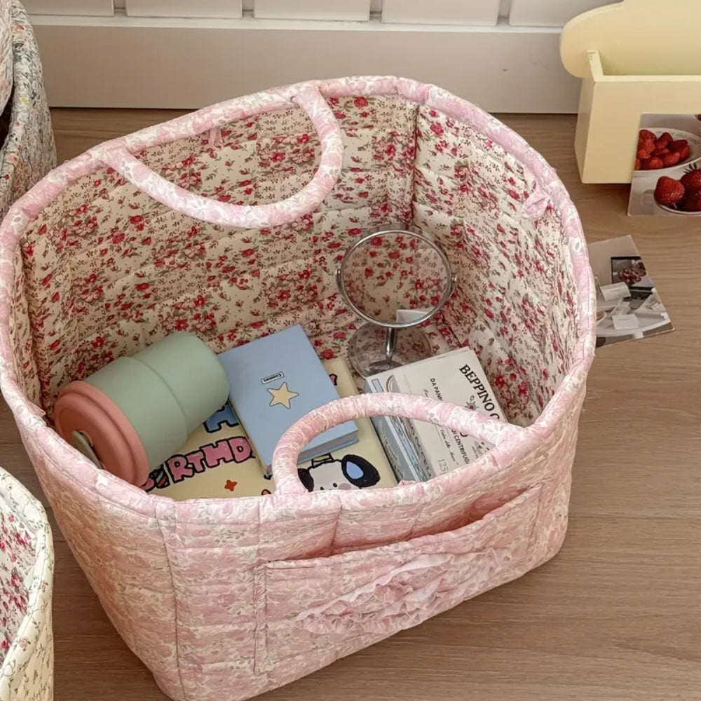 WohnBlüte: Cesto portaoggetti in design trapuntato floreale – decorativo, pieghevole e pratico per bucato e giocattoli