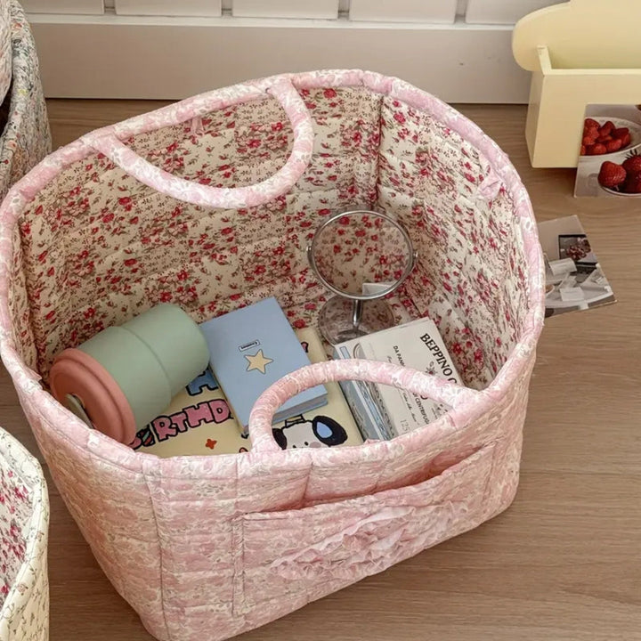 WohnBlüte: Cesto portaoggetti in design trapuntato floreale – decorativo, pieghevole e pratico per bucato e giocattoli