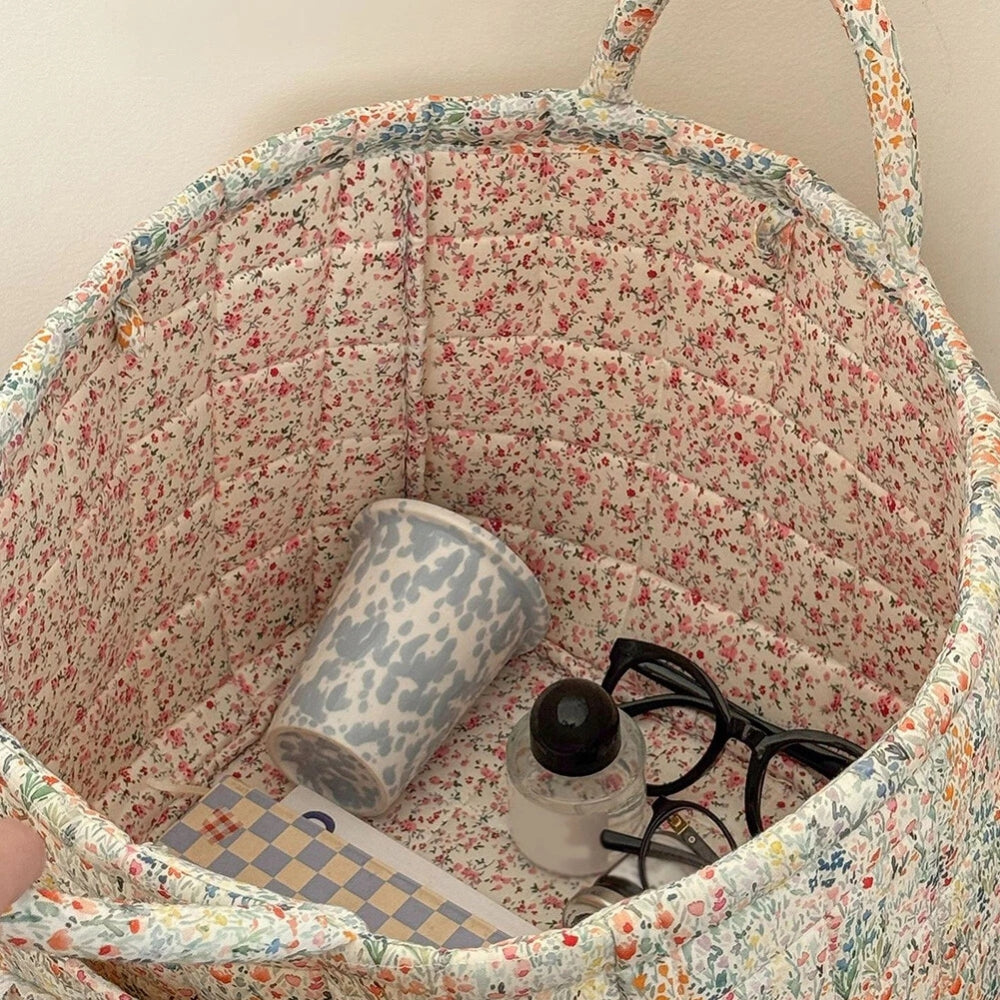 WohnBlüte: Cesto portaoggetti in design trapuntato floreale – decorativo, pieghevole e pratico per bucato e giocattoli