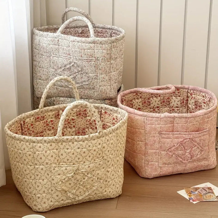 WohnBlüte: Cesto portaoggetti in design trapuntato floreale – decorativo, pieghevole e pratico per bucato e giocattoli
