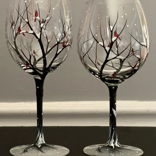 SeasonsGlass™ Bicchieri da Vino Dipinti a Mano | 4 Stagioni | Motivi Artistici di Alberi | Lavabili in Lavastoviglie