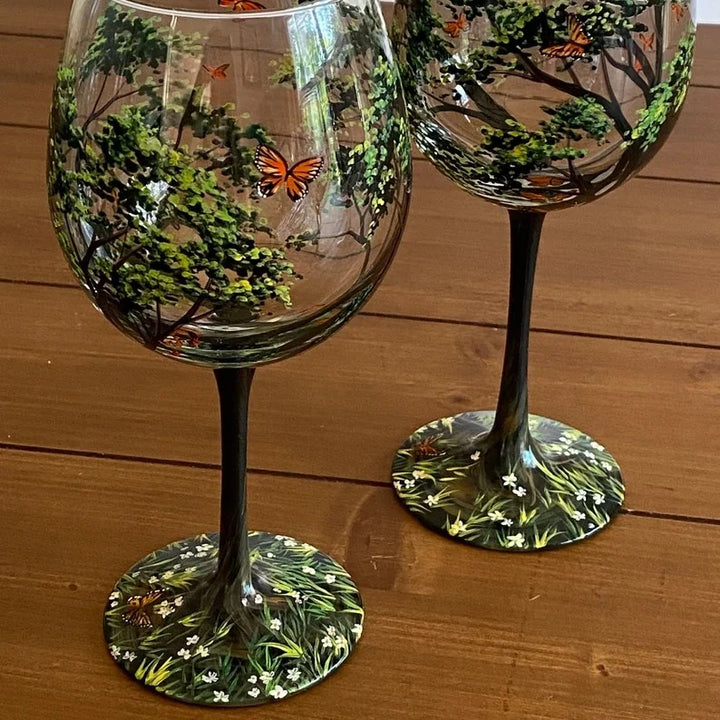 SeasonsGlass™ Bicchieri da Vino Dipinti a Mano | 4 Stagioni | Motivi Artistici di Alberi | Lavabili in Lavastoviglie