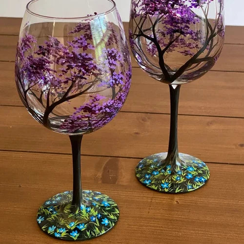 SeasonsGlass™ Bicchieri da Vino Dipinti a Mano | 4 Stagioni | Motivi Artistici di Alberi | Lavabili in Lavastoviglie