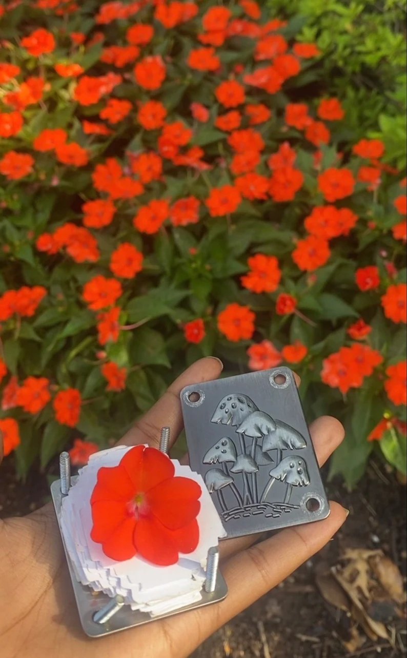 Micro-pressa per fiori | Fatto a mano in argento e ottone | Include 10 fogli di carta per erbario