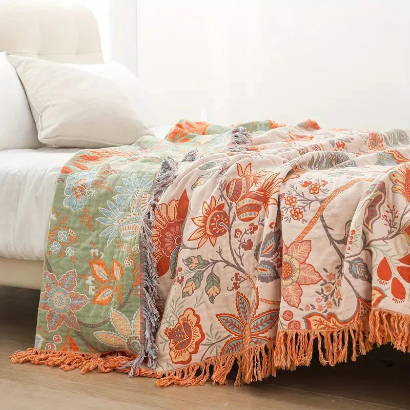 Coperta Boho Rustica con Motivo Floreale | 100% Cotone