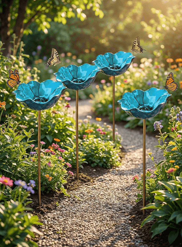 Fiore di Metallo Fatti a Mano su Bastone – Fontanella per Uccelli da Giardino