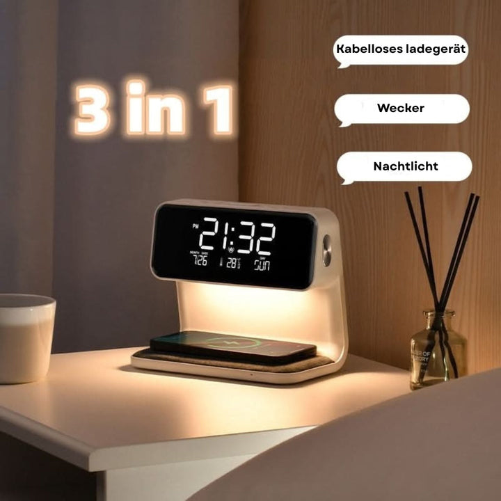 KlarBlick: Orologio da scrivania moderno con luce LED dimmerabile e stazione di ricarica induttiva – per home office e comodino