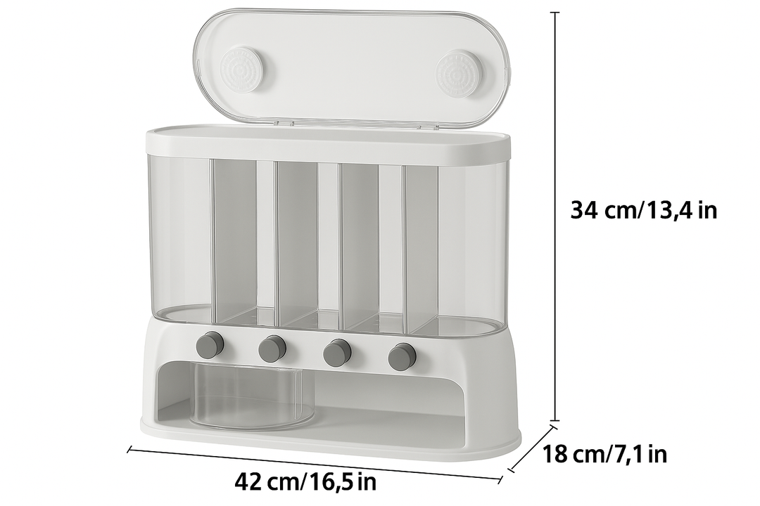 Contenitore per la Conservazione dei Cereali in Cucina a Multi-Scomparti | Organizzatore per Dispensa Ermetico con Coperchio a Ribalta