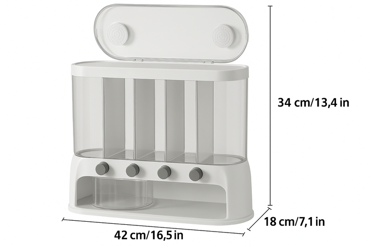Contenitore per la Conservazione dei Cereali in Cucina a Multi-Scomparti | Organizzatore per Dispensa Ermetico con Coperchio a Ribalta