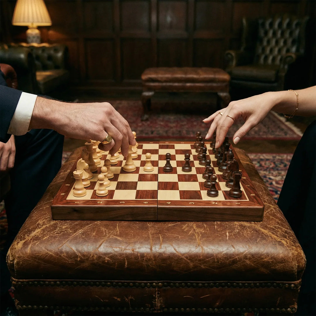 Gioco di scacchi in legno | Scacchiera con pezzi di scacchi | pieghevole e portatile | RoyalBrett