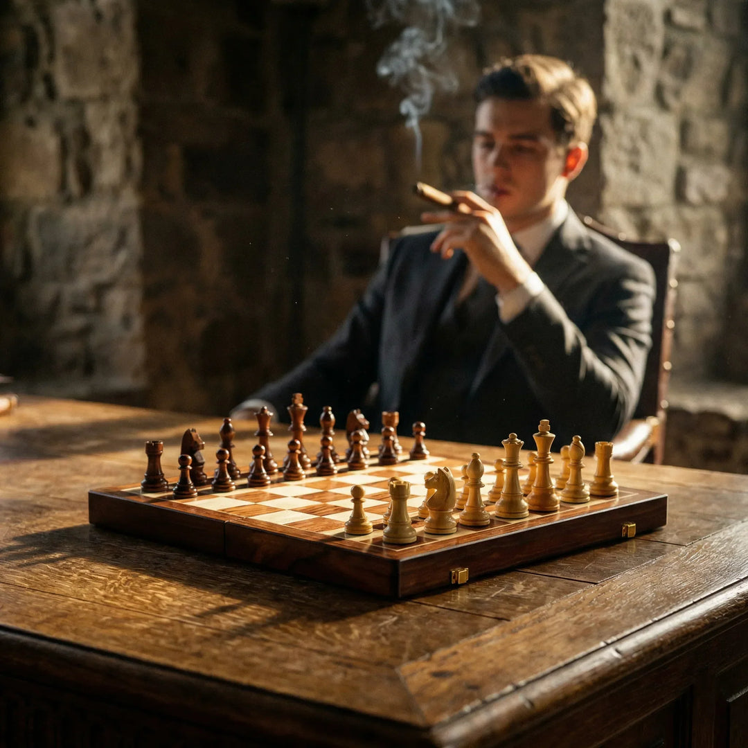 Gioco di scacchi in legno | Scacchiera con pezzi di scacchi | pieghevole e portatile | RoyalBrett