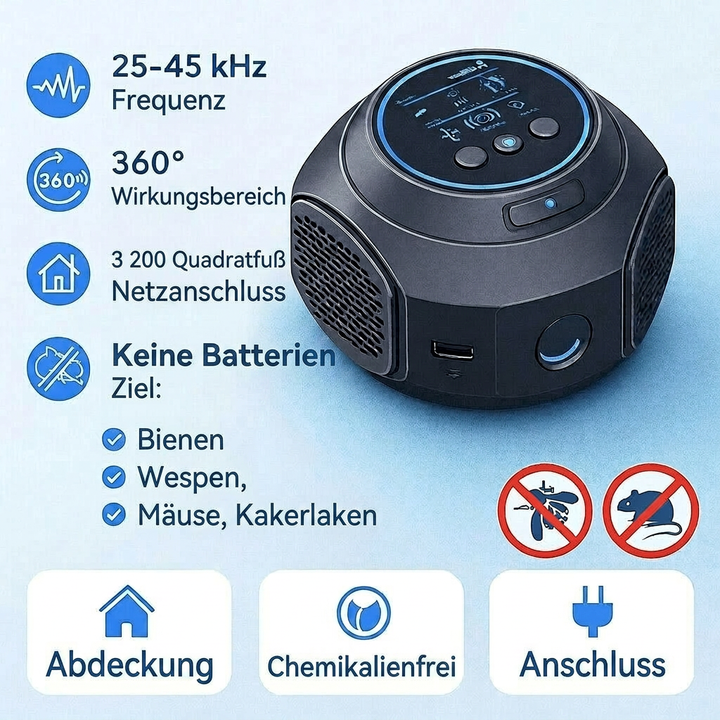 Repellente Ultrasuoni per Vespe, Api e Topi | Difesa dalle Infestazioni a 360 Gradi per Casa e Terrazza | Schallwacht